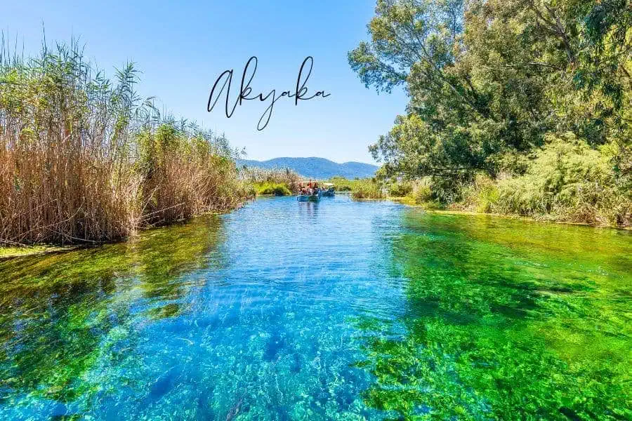 a serene scene of a crystal-clear river surrounded by lush greenery in the peaceful town of akyaka, turkey