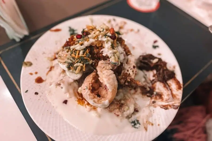 basket chaat topped with curd and chutneys at royal cafe, hazratganj lucknow