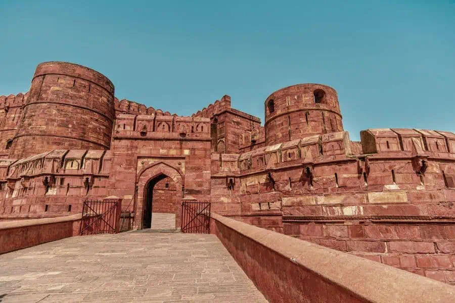 entrance gate and red sandstone walls of agra fort
