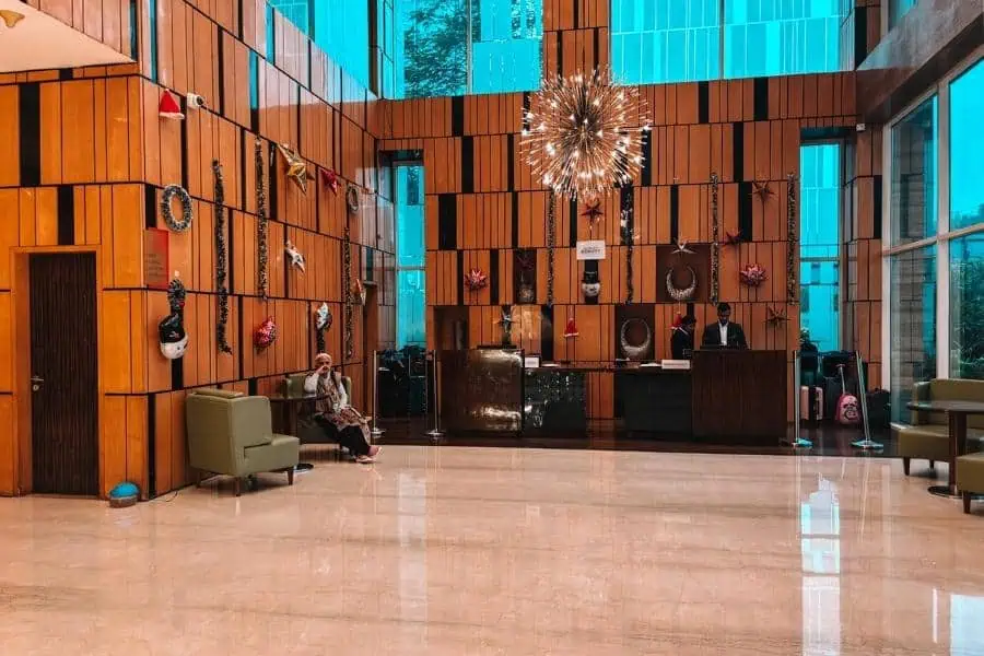 fairfield by marriott lucknow lobby with modern wooden interiors