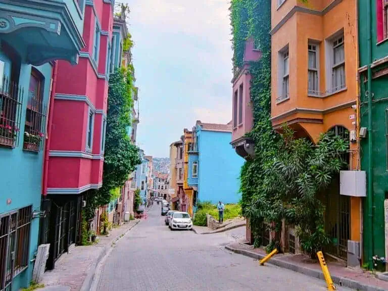 street lined with vibrant and charming houses in fener & balat neighborhood of fatih district in istanbul that's known to be one of the best areas to stay in istanbul with family