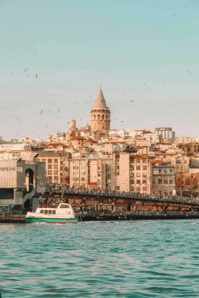 view of istanbul's galata tower rising above a cluster of historic buildings and a bustling waterfront, with seagulls flying across a clear blue sky and turquoise water in the foreground
