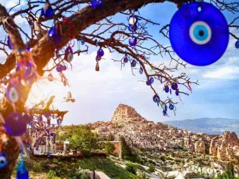 uchisar castle at distance from goreme panorama cappadocia green tour turkey turkiye
