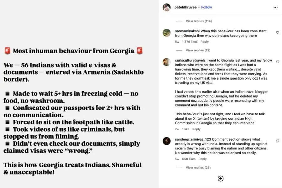 screenshot of an instagram post by user pateldhruvee describing mistreatment of 56 indian travellers at the georgia–armenia border, detailing how they were made to wait in freezing cold without food or washrooms and had passports confiscated