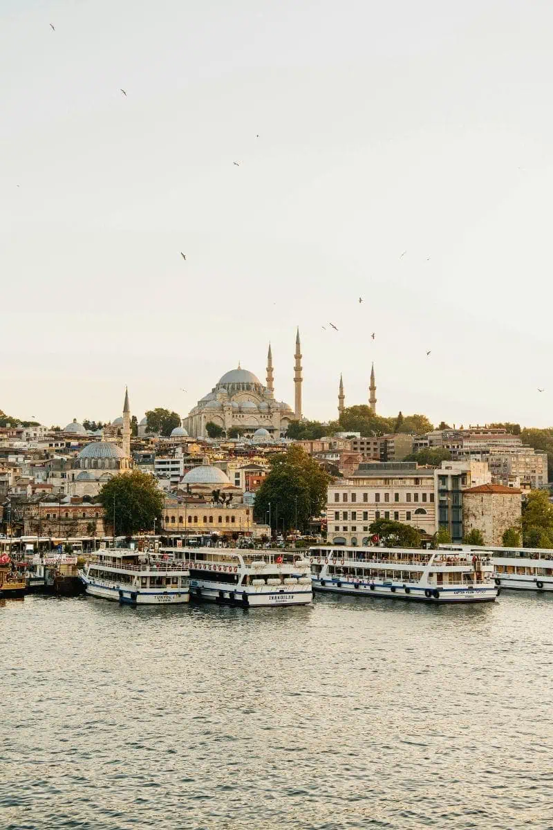 view of Istanbul’s skyline at sunset with the iconic Süleymaniye Mosque and its minarets rising above historic buildings, boats docked at the waterfront, and birds flying overhead