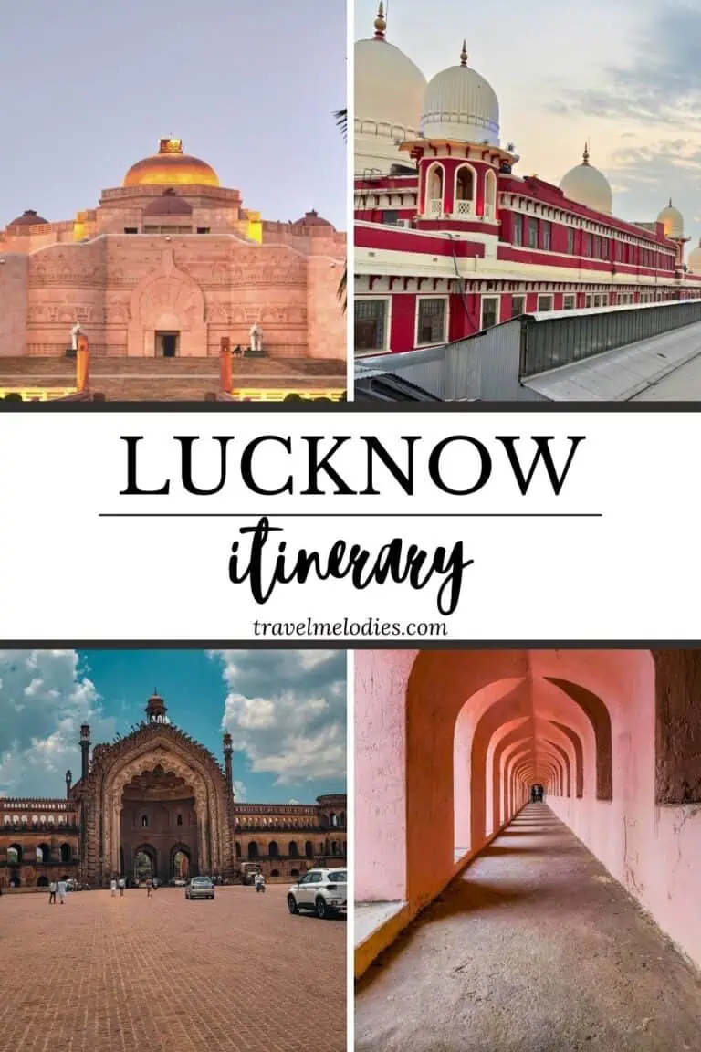 lucknow itinerary collage featuring ambedkar memorial, charbagh railway station, bara imambara entrance, and arched corridor inside bara imambara