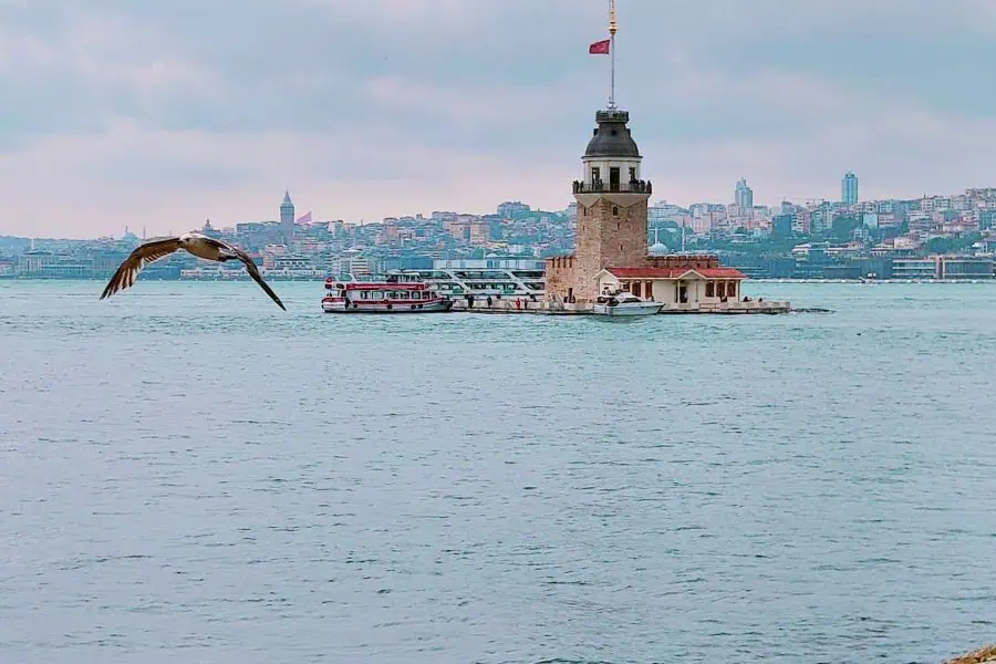 maiden tower uskudar and the view of the skyline of Istanbul on the european side including galata tower
