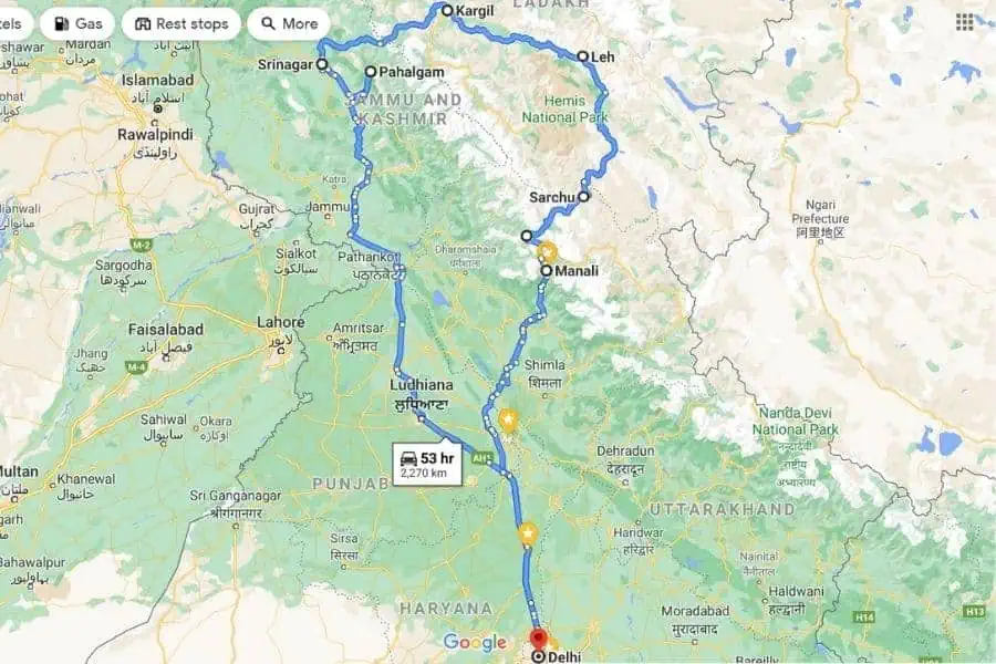 map road trips delhi to leh ladakh
