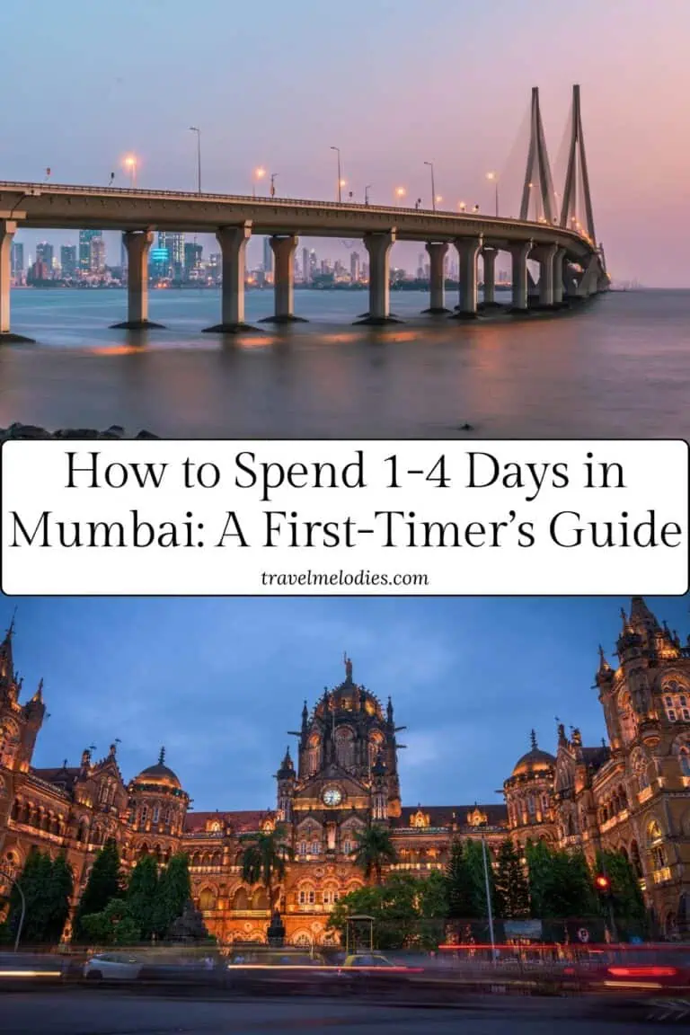 pinterest graphic showing bandra worli sea link at dusk with mumbai skyline on top and chhatrapati shivaji maharaj terminus lit up at night below, with text overlay reading "How to Spend 1–4 Days in Mumbai: A First-Timer’s Guide" and "Faraway Notes.com"