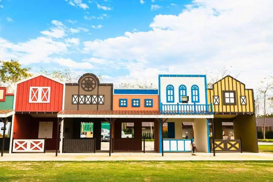 a colorful facade western-style buildings at singha park chiang rai