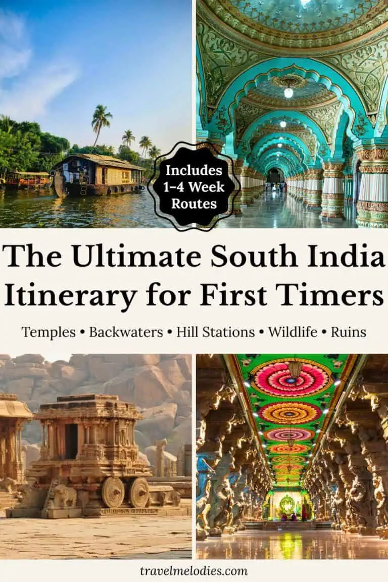 south india itinerary pinterest pin showing kerala backwaters houseboat, mysore palace corridor, hampi stone chariot and colorful temple ceiling with text ultimate south india itinerary for first timers