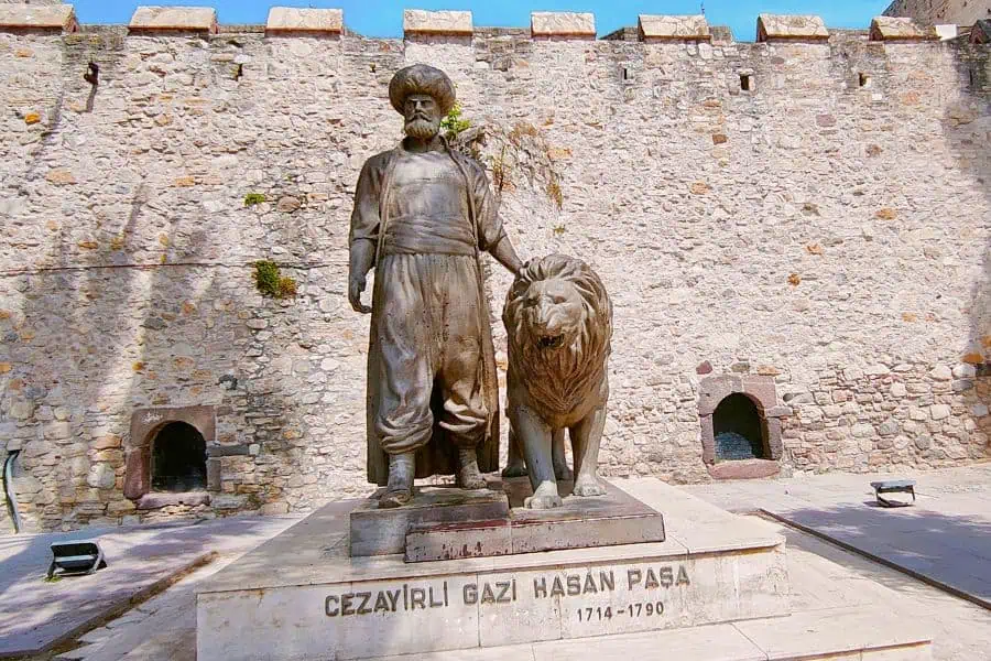 statue turkish sailor and statesman algerian gazi hasan pasha cesme castle
