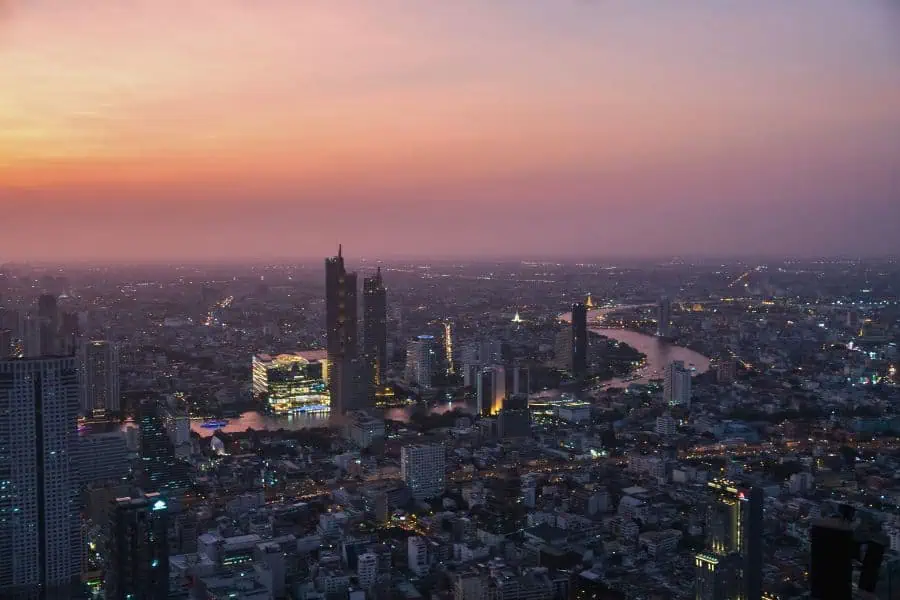panoramic view of the city of bangkok from Skywalk at king power mahanakhon at sunset