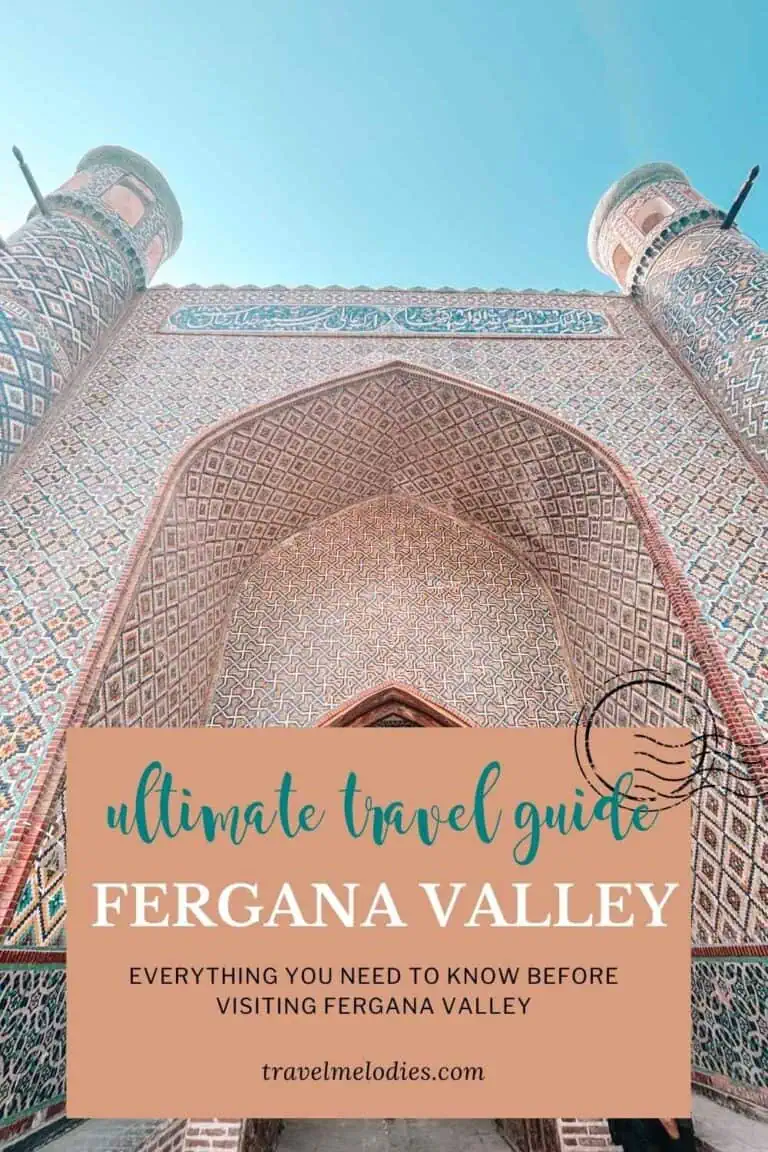pinterest graphic for fergana valley travel guide featuring a tiled archway