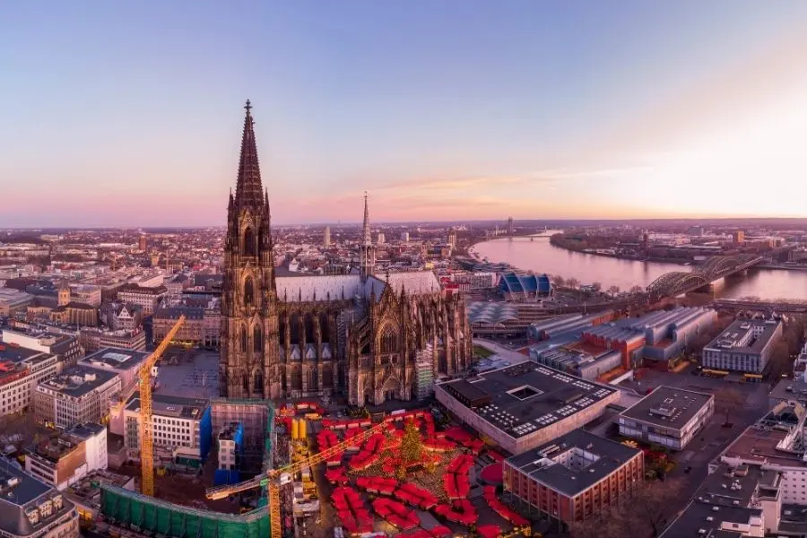 aerial view of cologne cathedral christmas marekt with a view of rhine river