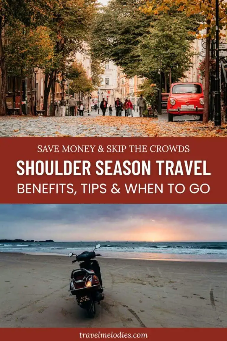 pinterest pin for shoulder season travel with autumn european street and quiet beach scooter, text overlay about saving money and skipping crowds