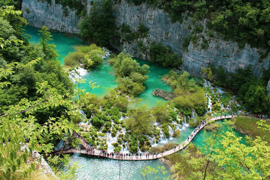 view over plitvice lakes from a upper cliff lookout point