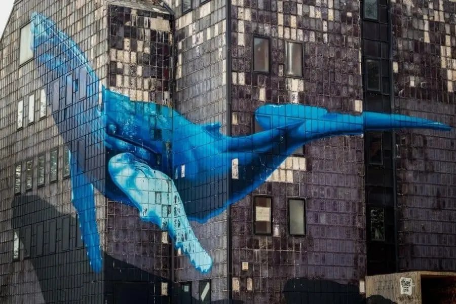 Giant whale graffiti on a deserted building by a French artist Etien 