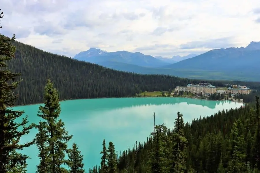 View of Chateau Fairmont Lake Louise from the Fairview Lookout Trail Banff Canada