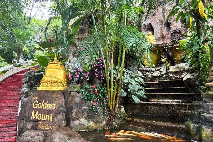 the start of the stairs leading to the top to the wat saket temple aka golden mount in bangkok thailand