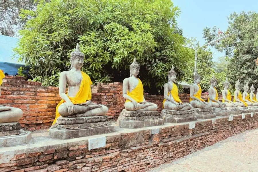 row of ancient buddha statues draped in yellow robes at wat yai chai mongkhon in ayutthaya, thailand, sitting against a weathered brick wall with lush green trees in the background